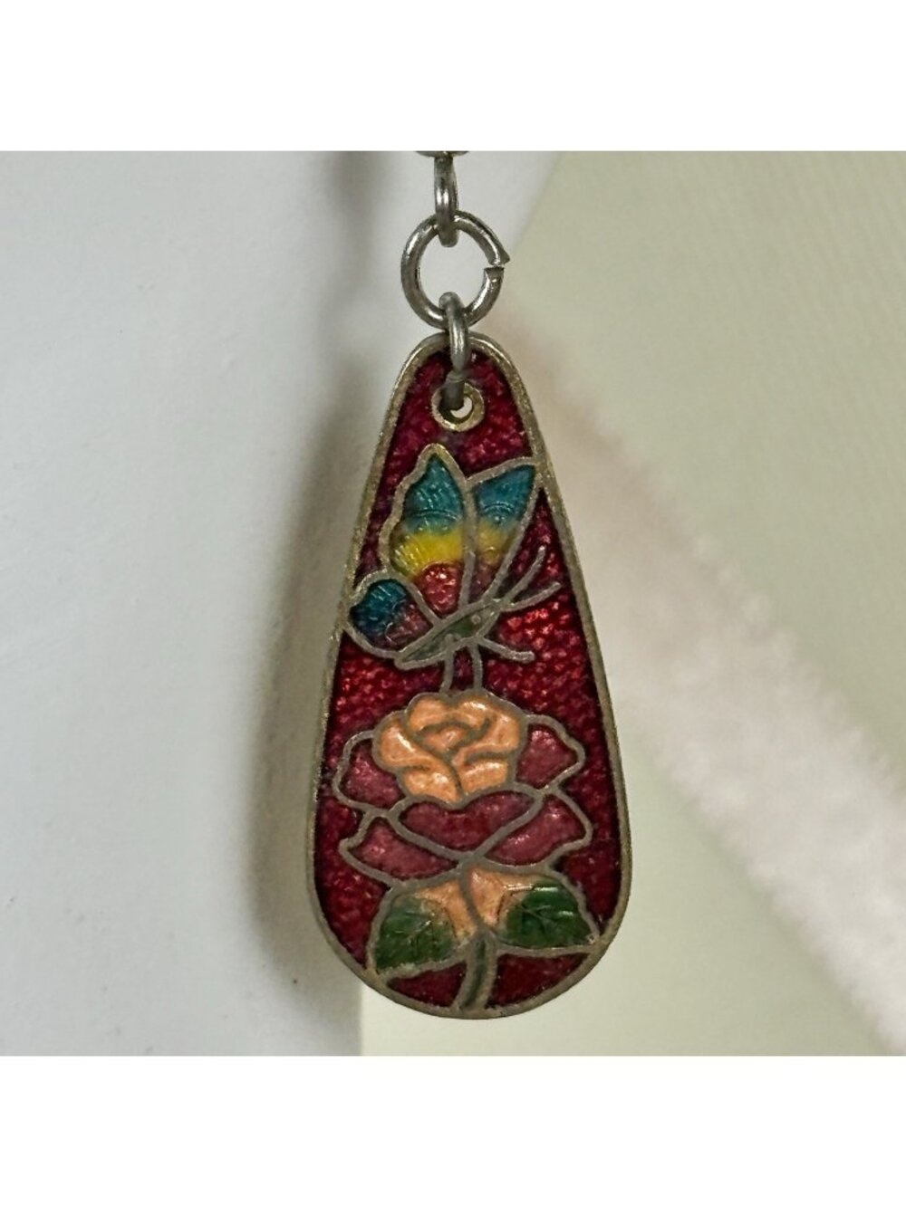 VTG Red Cloisonne Enamel Silver Tone Floral Butterfly Dangle Earrings C48
